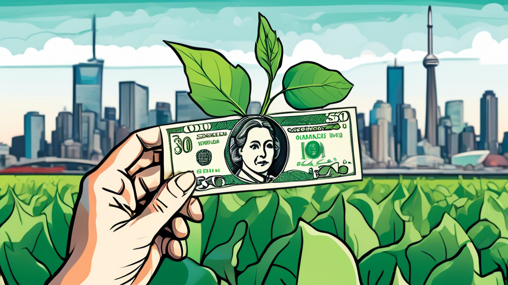 A hand holding a Canadian $30 bill with three green sprouts growing out of it, set against a backdrop of the Toronto skyline.