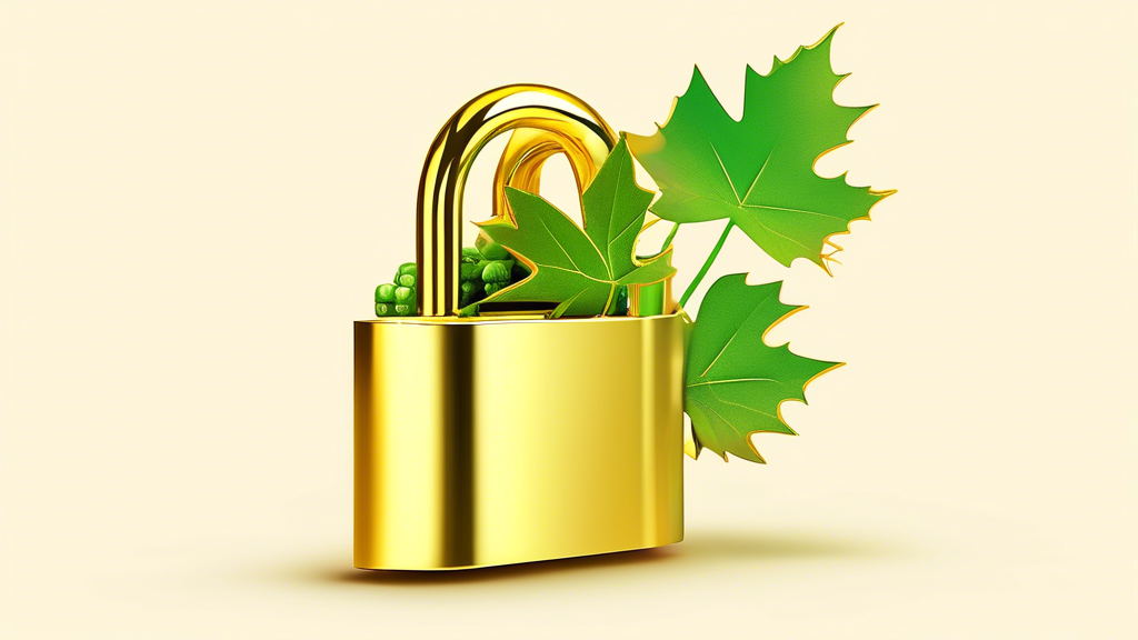 A golden TFSA lock nestled in a maple leaf with three sprouting green stocks growing upwards.