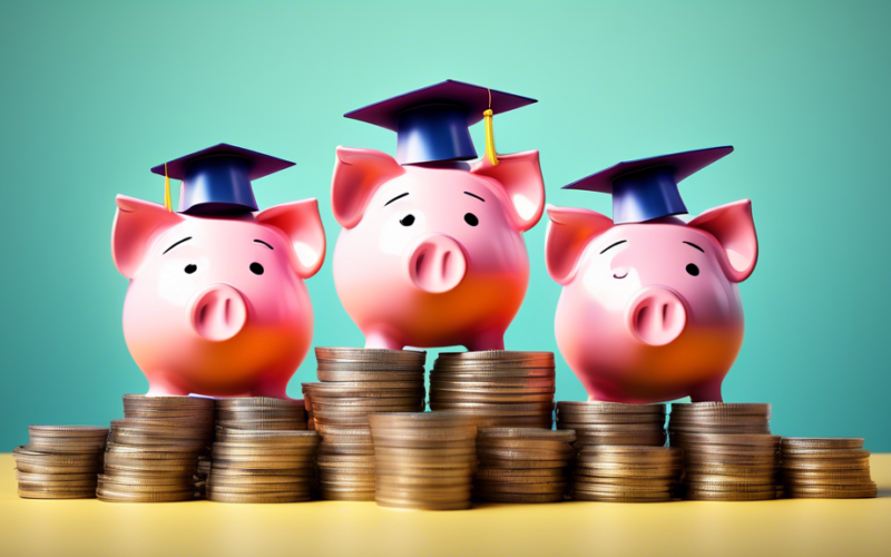 Three piggy banks, wearing graduation caps, on a stack of growing coins.
