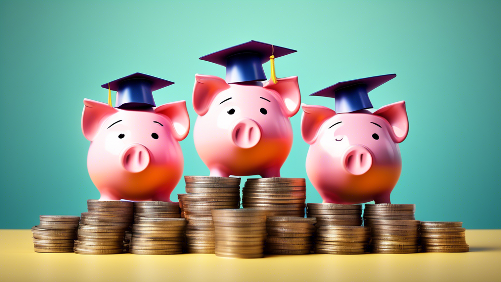 Three piggy banks, wearing graduation caps, on a stack of growing coins.
