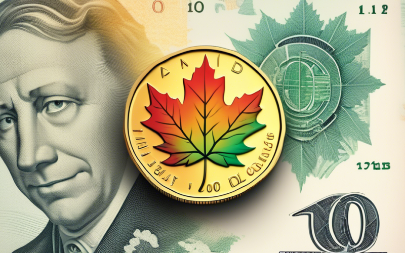 A Canadian maple leaf coin with an upward trending stock chart growing from it, superimposed on a one hundred dollar bill.
