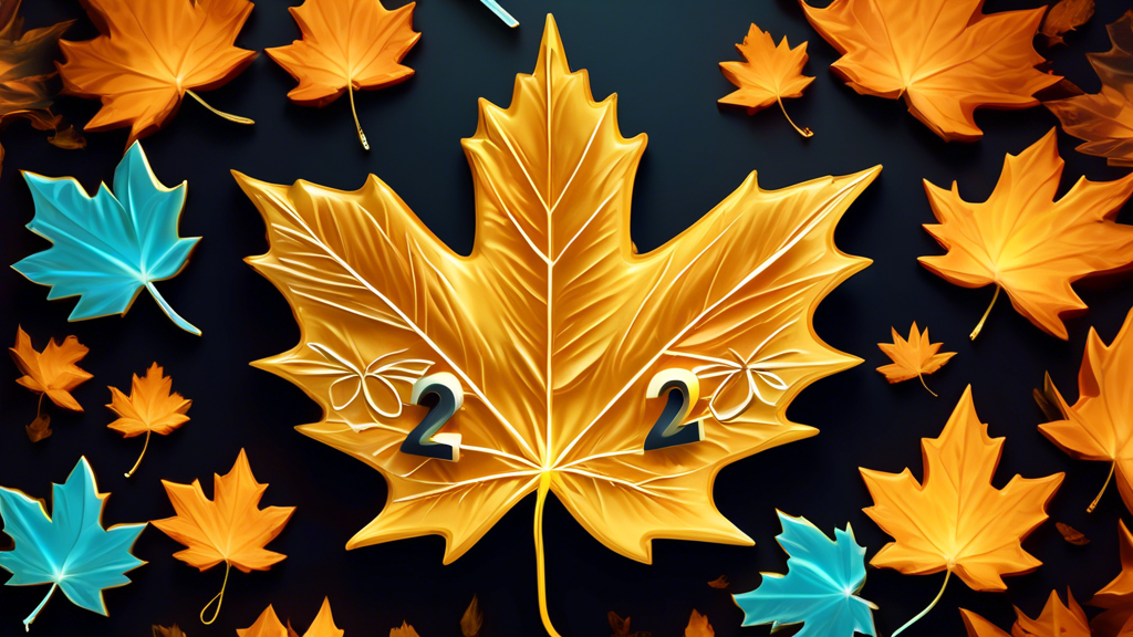 A golden maple leaf with the number 20 engraved on it, surrounded by smaller glowing maple leaves with stock ticker symbols on them.