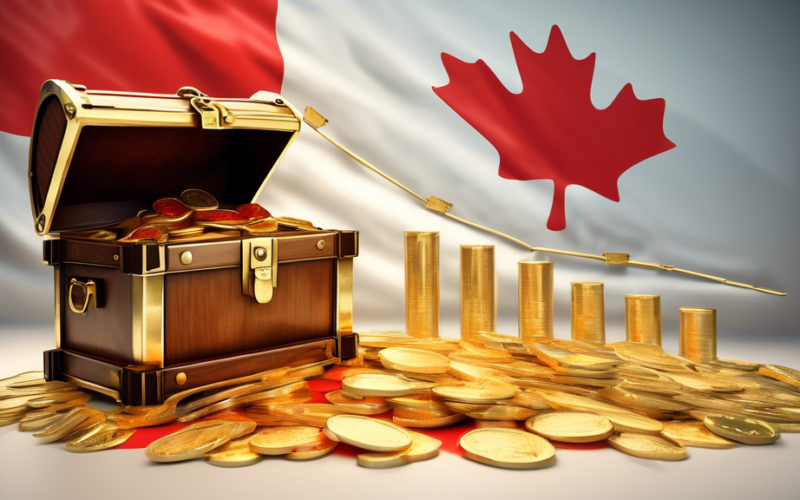 A treasure chest overflowing with gold coins sits on a graph trending steadily upwards, with two prominent flags planted at the peak, each emblazoned with a Canadian maple leaf.