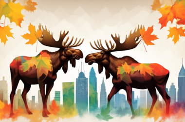 Two majestic moose balancing maple leaves on their antlers, with a cityscape in the background and stock market charts subtly overlaid.