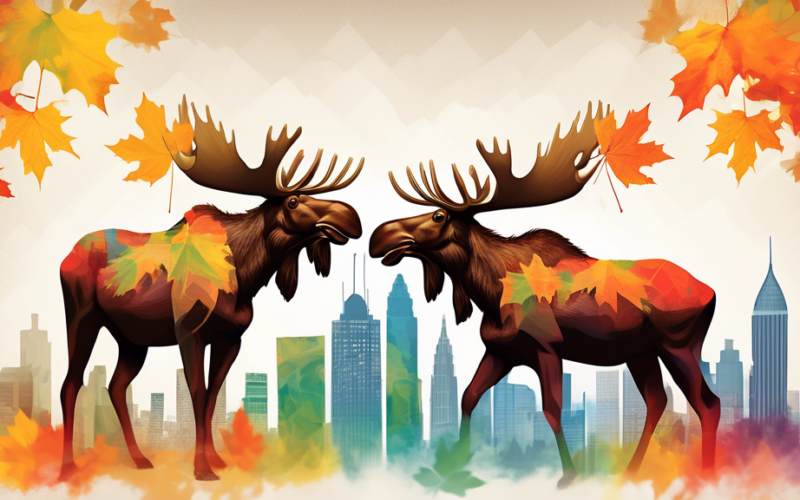 Two majestic moose balancing maple leaves on their antlers, with a cityscape in the background and stock market charts subtly overlaid.