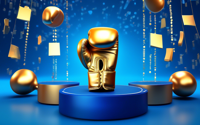 A golden boxing glove hovering over two blue podiums with UiPath and C3.ai labels on each podium against a blue background with binary code raining down.