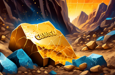 A golden nugget being unearthed from the ground, with stock market charts and graphs glowing within the cracks, and the logos for Cameco and Barrick Gold subtly embedded in the surrounding rocks.