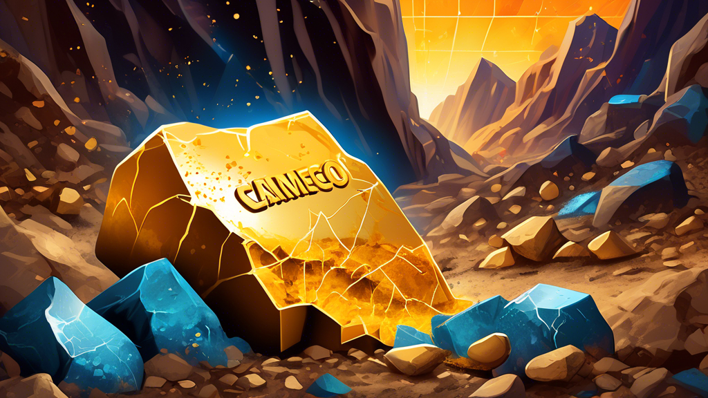 A golden nugget being unearthed from the ground, with stock market charts and graphs glowing within the cracks, and the logos for Cameco and Barrick Gold subtly embedded in the surrounding rocks.