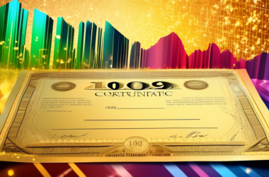 A golden stock certificate with a large 10% discount ripped off revealing a sparkling diamond underneath, against a background of a stock market graph with a decade of growth.