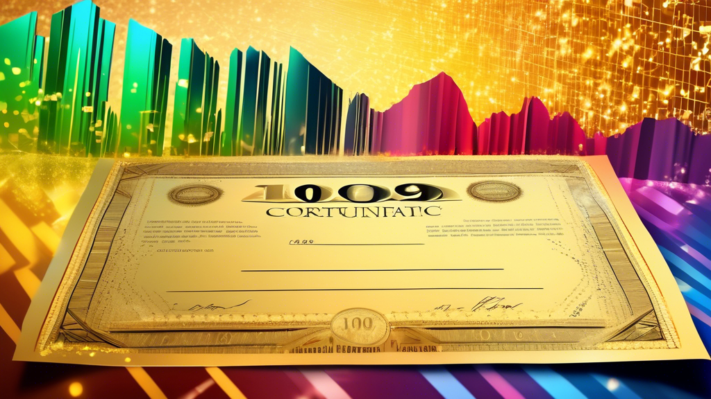 A golden stock certificate with a large 10% discount ripped off revealing a sparkling diamond underneath, against a background of a stock market graph with a decade of growth.