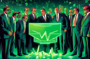 A group of billionaires in suits huddle around a glowing stock ticker showing a green up arrow, with a pile of discarded Nvidia graphics cards at their feet.