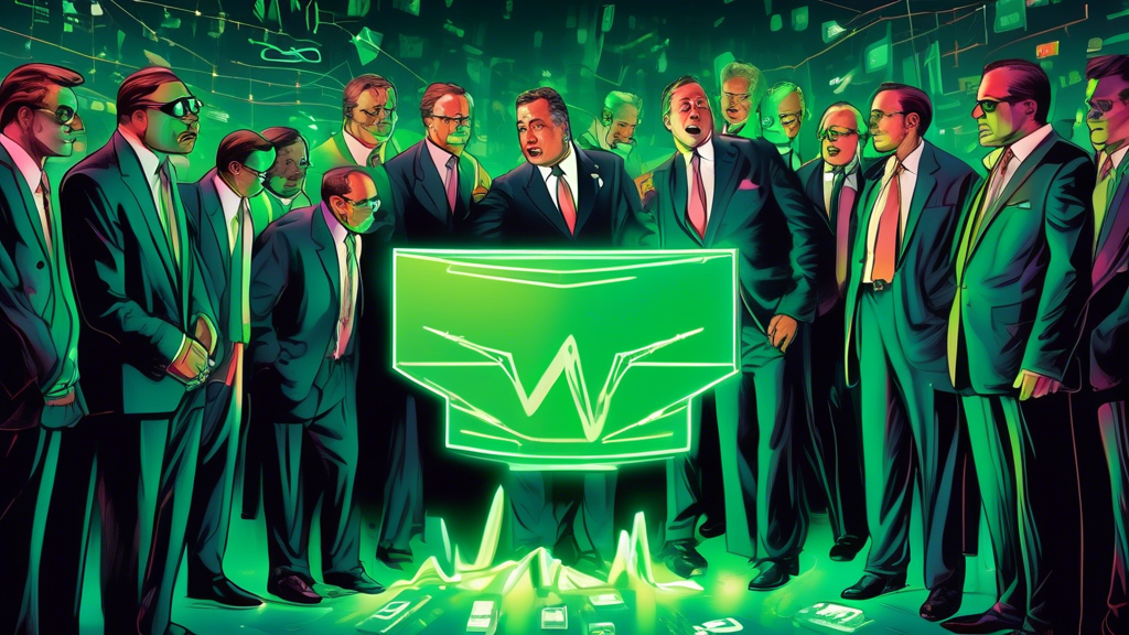 A group of billionaires in suits huddle around a glowing stock ticker showing a green up arrow, with a pile of discarded Nvidia graphics cards at their feet.