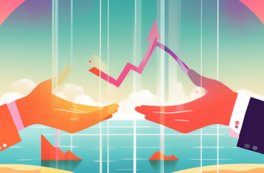 Two hands reaching towards each other holding a stock chart with an arrow pointing up and a beach scene reflected in the background. One hand is wearing a business suit and the other is wearing a bat