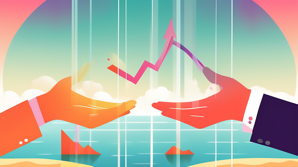 Two hands reaching towards each other holding a stock chart with an arrow pointing up and a beach scene reflected in the background. One hand is wearing a business suit and the other is wearing a bat