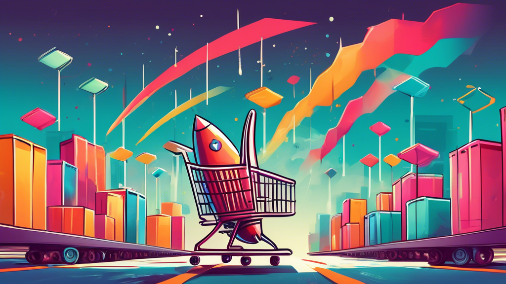 A rocket ship shaped like a stock chart with an upward trajectory, lifting off from a discount store parking lot filled with shopping carts.