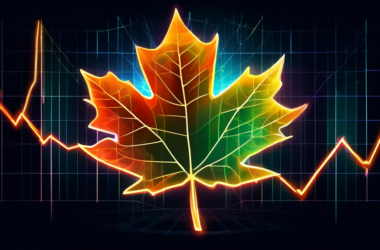 A glowing maple leaf with stock charts and graphs projecting upwards through the center, representing growth and prosperity.