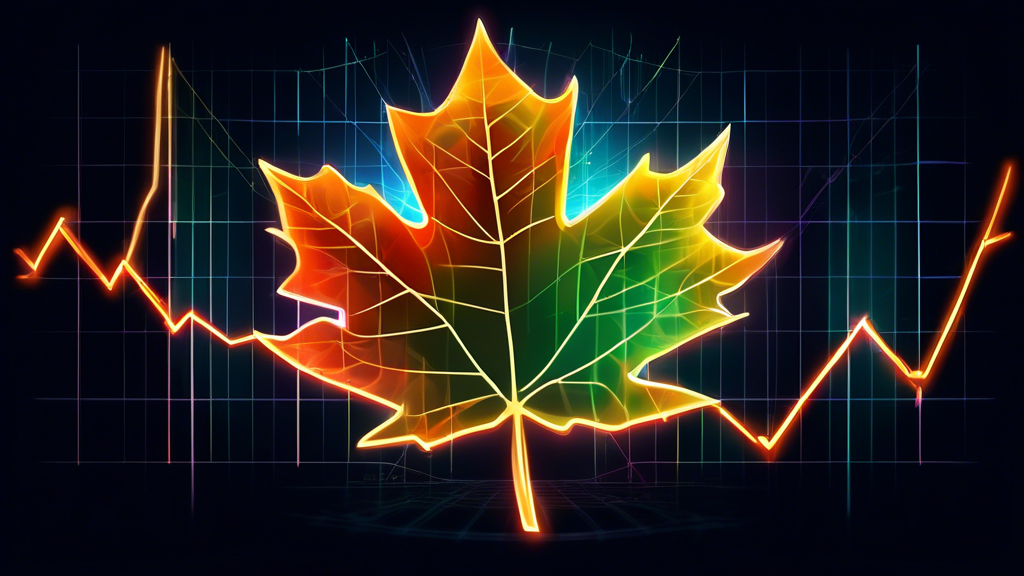 A glowing maple leaf with stock charts and graphs projecting upwards through the center, representing growth and prosperity.