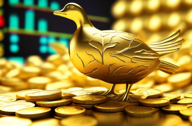 A golden goose laying two eggs shaped like Canadian maple leaves, on a pile of gold coins in front of a stock market ticker showing upward trends.