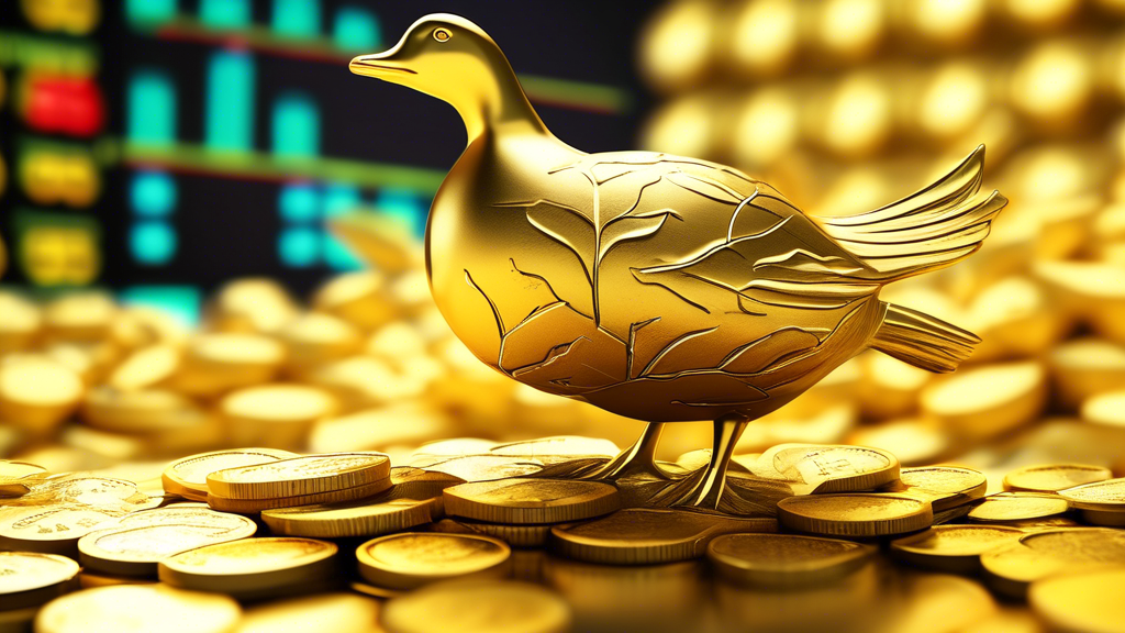 A golden goose laying two eggs shaped like Canadian maple leaves, on a pile of gold coins in front of a stock market ticker showing upward trends.