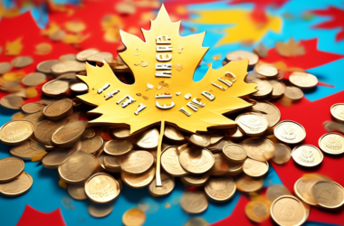 A golden maple leaf overflowing with Canadian coins, with a stock market ticker tape showing upward trends and the words High Yield in the background.