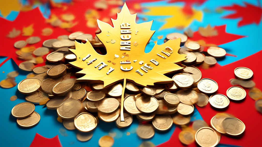 A golden maple leaf overflowing with Canadian coins, with a stock market ticker tape showing upward trends and the words High Yield in the background.
