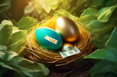 A golden egg nestled in a bird's nest on top of a stack of Canadian cash, with a TFSA label on the side, glowing with soft light and surrounded by lush foliage.