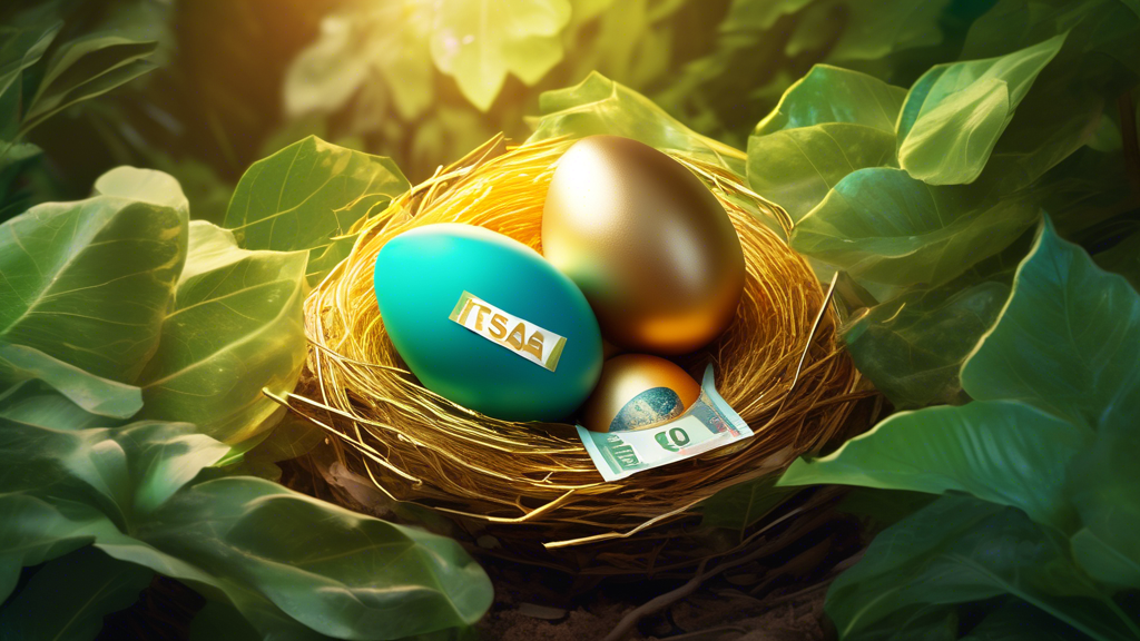 A golden egg nestled in a bird's nest on top of a stack of Canadian cash, with a TFSA label on the side, glowing with soft light and surrounded by lush foliage.