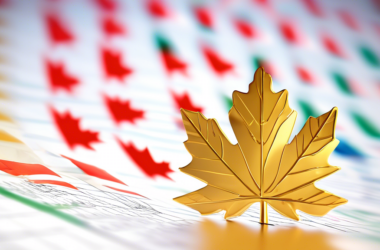 A golden maple leaf rising on a stock market chart with Canadian flags in the background.