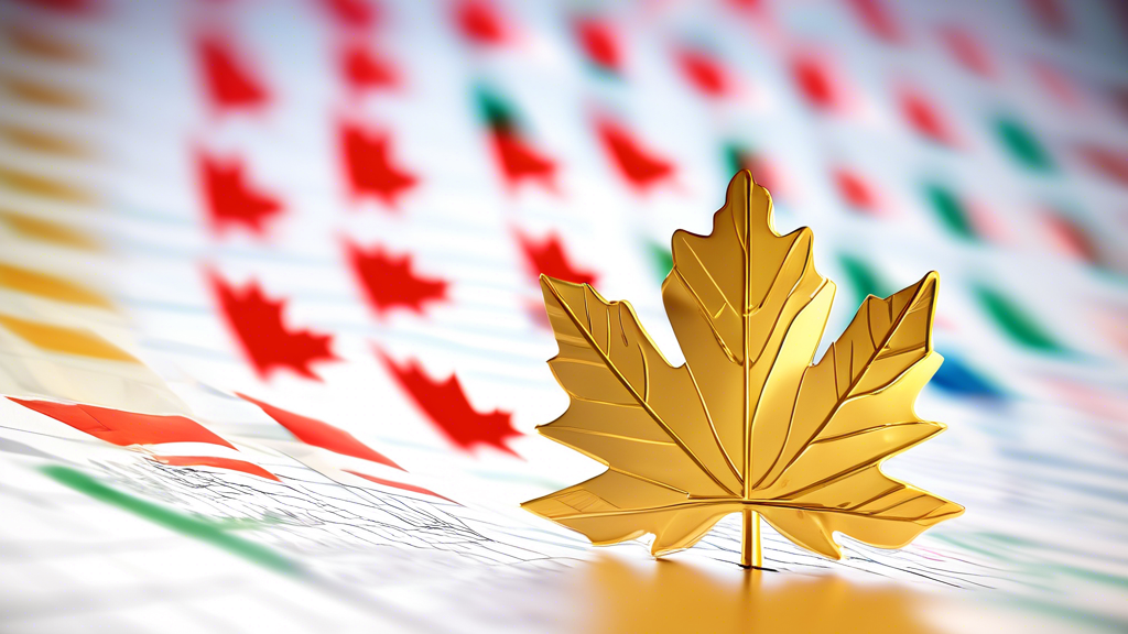 A golden maple leaf rising on a stock market chart with Canadian flags in the background.