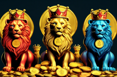 Five regal lions wearing crowns, each standing on a stack of gold coins with a different company logo representing a Dividend Aristocrat on each coin pile.