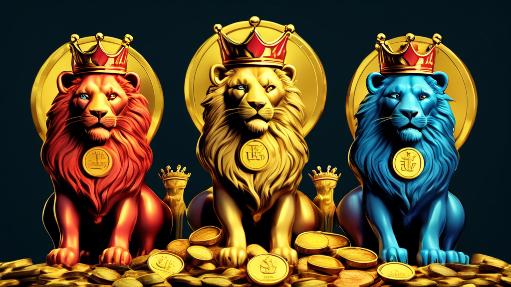 Five regal lions wearing crowns, each standing on a stack of gold coins with a different company logo representing a Dividend Aristocrat on each coin pile.