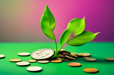 A wilted green sprout with a single dollar bill leaf drooping towards a pile of coins, set against a vibrant green background.