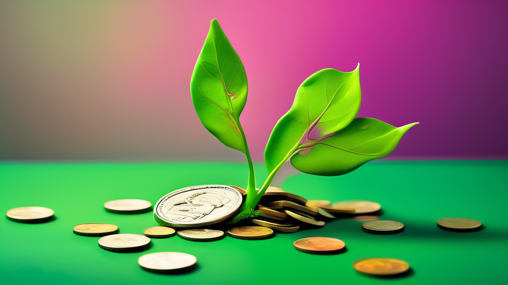 A wilted green sprout with a single dollar bill leaf drooping towards a pile of coins, set against a vibrant green background.