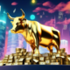 A golden bull statue wearing a graduation cap, surrounded by stacks of money with stock ticker symbols projected onto them, set against a futuristic cityscape backdrop with 2024 illuminated in the sky