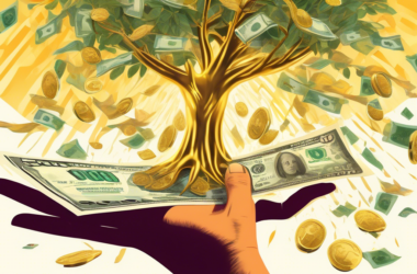 A hand reaching towards a golden $500 bill nestled in the branches of a growing, lush money tree, with a calculator and stock charts subtly in the background.