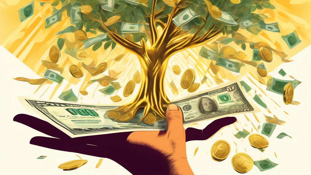 A hand reaching towards a golden $500 bill nestled in the branches of a growing, lush money tree, with a calculator and stock charts subtly in the background.