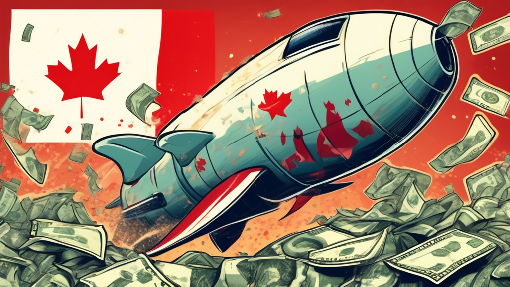 A rocket ship with a Canadian flag on the side taking off from a pile of money with a TSX sign in front of a bull and bear fighting.