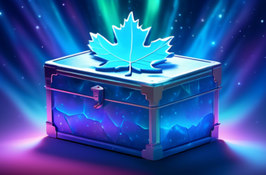 A secure Canadian maple leaf vault with three glowing blue chips inside, surrounded by a calming blue aurora borealis.