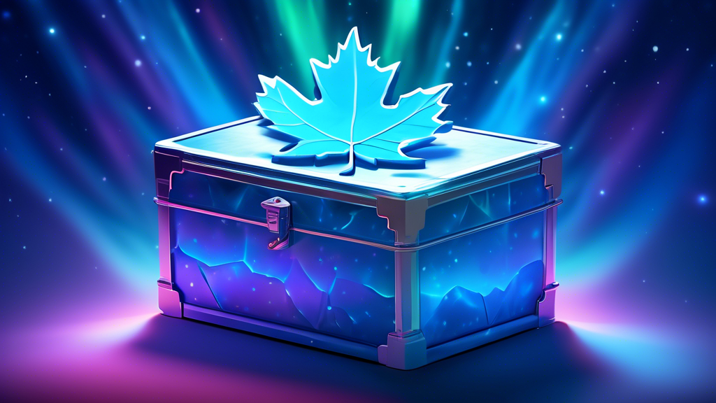 A secure Canadian maple leaf vault with three glowing blue chips inside, surrounded by a calming blue aurora borealis.