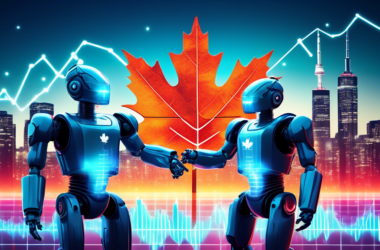 Two futuristic robots holding glowing stock charts with maple leaf patterns, trending upwards against a backdrop of the Toronto skyline.